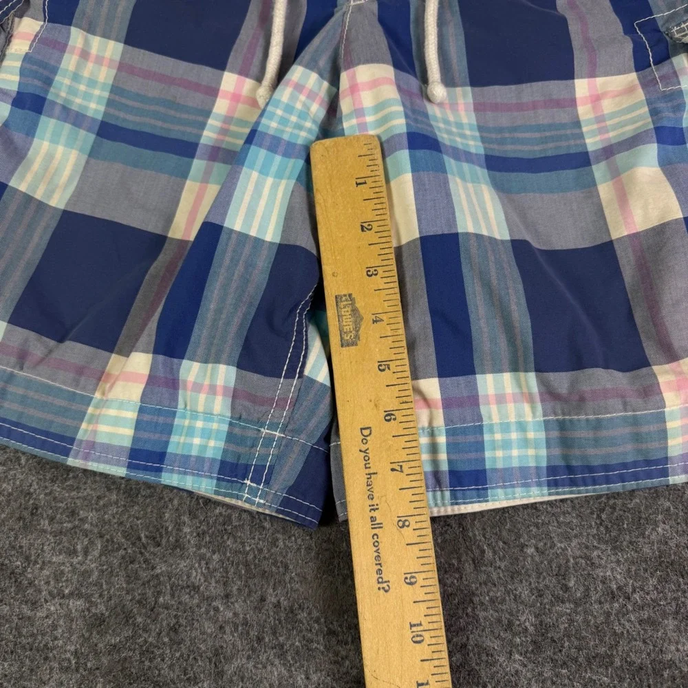 Hollister Mens Plaid Cargo Board Shorts Blue Pink Large Swim Trunks Drawstring